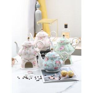 감성 티팟 차 주전자 홀더 도자기 프린트 플라워 꽃무늬 커피 세라믹 포트 엔틱 워머 유리