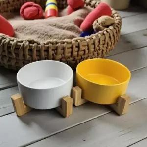 [반려] 반려동물 나무받침 도자기 식기 강아지 고양이 밥그릇 16cm
