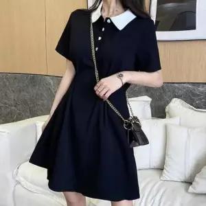 [옷은날개] 카라 배색 반팔 원피스 허리 핀턱 봄 나들이 데이트룩