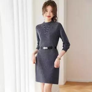 세군다 여사친 니트 원피스 스커트 빨강 정장 하객 라운드 비즈 벨트 따뜻한 도톰한 DOS1