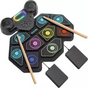 2025 업그레이드 전자 드럼 세트 9패드 롤업 페달 2개 내장 스피커 MIDI 및 헤드폰 잭이 포함된 휴대용