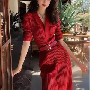 스커트 원피스 니트 빨강 가을 여자가을원피스 롱스커트 프렌치 초가을 ible3