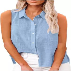 여성용 면 린넨 셔츠 민소매 칼라 상의 오버사이즈 버튼업 블라우스 작업 캐주얼 여름 티셔츠