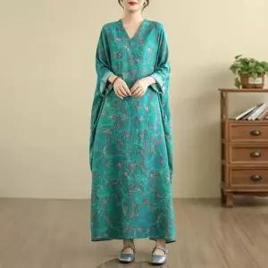 원피스 빈티지 바캉스룩 여행 꽃빛 여자가을원피스 면마 브이넥 롱스커트 초가을 ible3