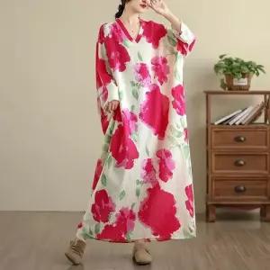 원피스 빈티지 면마 여행 여자가을원피스 롱스커트 초가을 바캉스룩 꽃빛 브이넥 ible3