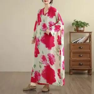 원피스 빈티지 여자가을원피스 초가을 꽃빛 바캉스룩 여행 브이넥 롱스커트 면마 ible3