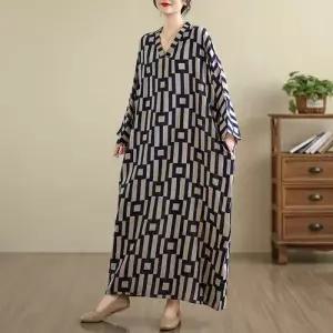 원피스 빈티지 롱스커트 여자가을원피스 브이넥 여행 꽃빛 초가을 면마 바캉스룩 ible3