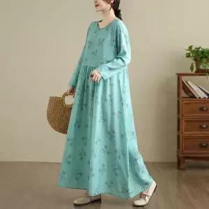 원피스 빈티지 롱스커트 여자가을원피스 라운드 여행 꽃빛 초가을 면마 바캉스룩 ible3