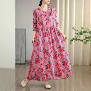 원피스 빈티지 롱스커트 여자가을원피스 라운드 여행 꽃빛 초가을 면마 바캉스룩 ible3