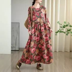 원피스 빈티지 롱스커트 여자가을원피스 라운드 여행 꽃빛 초가을 면마 바캉스룩 ible3