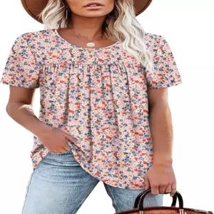 위홀 여성 탑 반팔 티셔츠 플리츠 캐주얼 라운드넥 여름 의상 블라우스 루즈핏