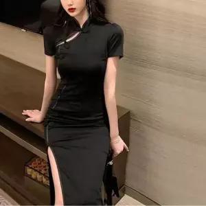 홀복 블랙 차이나카라 치파오 반팔 롱원피스