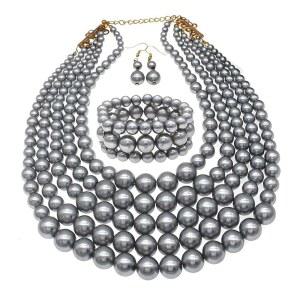 여성용 대형 인조 진주 목걸이 멀티 스트랜드 팔찌 및 귀걸이 세트 튬 주얼리