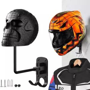 상모 메탈 해골 헬멧 홀더 오토바이 랙 180도 회전 벽 마운트 자전거 야구 럭비용 후크 2개 포함 - 블랙