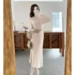 마킷4 여자 니트 원피스 롱원피스 부드럽게 롱스커트 슬림핏 브이넥 플레어 프렌치 JEN1