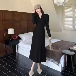 마킷4 여친 니트 원피스 이너 롱원피스 퍼프 롱스커트 브이넥 프렌치 JEN1