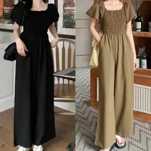 스모크밴딩 오프숄더 밴딩 점프수트 넥프릴 와이드핏