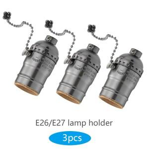 풀체인 스위치가 있는 빈티지 E26E27 램프 소켓, 테이블 및 플로어 교체 부품용 검정색 전구 베이스 3팩