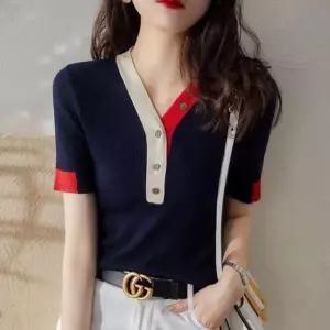 여성 브이넥 니트 셔츠 퓨어 배색 단추 네이비