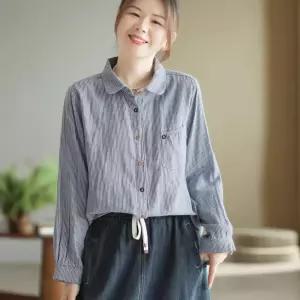 여성셔츠 봄여름 스트라이프 면사 셔츠 컬러 버클 루즈핏 긴팔 상의 심쿵직구