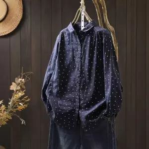 여자셔츠 날씬 빈티지 프린트 긴팔 루즈핏 셔츠 상의 봄 도트 면사 심쿵마켓