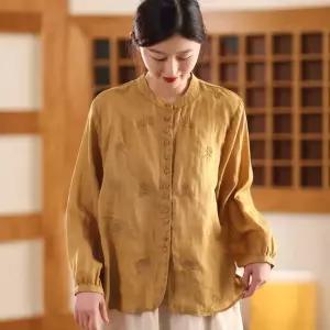 여자셔츠 봄여름 자수 모시 싱글 버튼 긴팔 상의 셔츠 심쿵마켓
