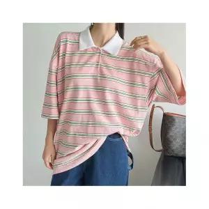 삐까삐까 여성 컬러 스트라이프 카라 반팔 티셔츠 오버핏 빅사이즈 단가라 배색 럭비티 캐주얼