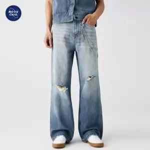 남성청바지 봄여름 보카시 찢어진 청바지 와이드 스트레이트핏 배기 팬츠 심쿵직구