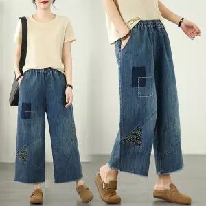여성청바지 봄여름 자수 캐주얼 허리밴딩 루즈핏 8부 청바지 심쿵직구
