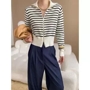 여성니트 봄 폴로 더블 집업 스트라이프 니트 가디건 쇼트 상의 심쿵해외구매