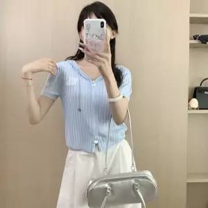 여자가디건 후드 니트 상의 카디건 쇼트 반팔 집업 봄여름 아이스 심쿵