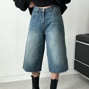 여자 논스판 칠부 와이드핏 워싱 버뮤다데님 청반바지_3