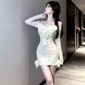 여성 스커트 원피스 봄 일자 슬림핏 어깨털 레이스 힙업 이너로 원픽1