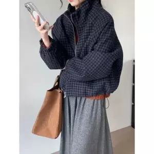 하프 울 빈티지 캐주얼 코트 차이나자켓 봄코트 오버핏 상의 여자코트 체크 원템1