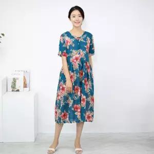 [모슬린]엄마옷 플라워 면 반팔 원피스 홈웨어 614FGH043 마담중년여성빅사이즈50대60대