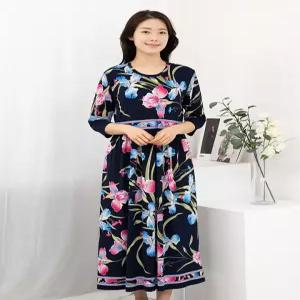 [모슬린]엄마옷 꽃잎 셔링 7부 원피스 홈웨어 614FGH017 마담중년여성빅사이즈50대60대