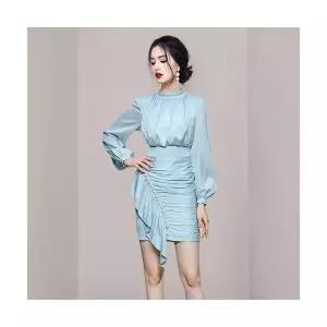 피콜로 여자 데일리룩 원피스 쉬폰 큐빅봄가을 하이넥 프릴 스커트 키작 힙 랩 KUK1 조임