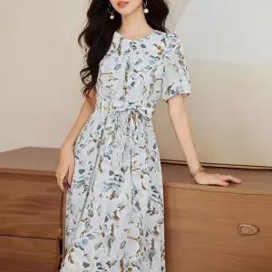 여자 쉬폰 원피스 여름 슬림핏 브이넥 빈티지 A라인 스커트 원픽1