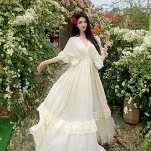 여자 쉬폰 원피스 브이넥 백프릴 분위기감 비치 바캉스 롱스커트 원픽1