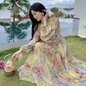 여자 쉬폰 원피스 보헤미안 롱스커트 해변 바캉스 벌룬 소매 긴팔 프린트 프렌치 빈티지 비치 스커트 G01Z