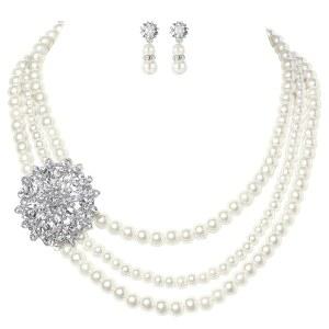 바비욘드 1920년대 개츠비 진주 목걸이 빈티지 브라이덜 귀걸이 장신구 세트 브로치 다층 모조