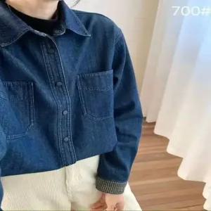 청 빈티지 캐주얼 여자 무지데님 보온 소매 기모 싱글 터틀넥 체크 상의 셔츠 원픽1