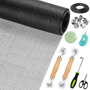 창문 스크린 교체, 도어 수리 키트, 48인치 x178인치 블랙 메쉬, 50피트 스플라인+후크+2개 롤러+8개 클립+가위+칼+테이프 측정기, 완비된 키트 포함