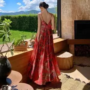 EAMT 여친 원피스 치마 레드 빈티지 노르딕 롱스커트 프렌치 체크 브이넥 해변 바캉스 YJ1