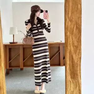 EAMT 여자 니트 원피스 빈티지 프렌치 슬림핏 브이넥 긴팔 스트라이프 롱스커트 YJ1