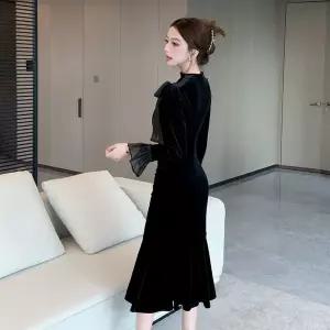 EAMT 여친 원피스 검정 봄 피쉬테일 헤비 소매 리본 큐빅 EUNG1