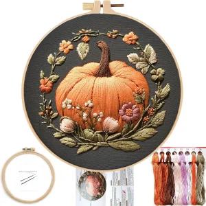 초보자용 포누이 호박 자수 키트 후프가 있는 프리스탬프 패턴 쉽게 따라 할 수 컬러 실 바느질 8인치 후프