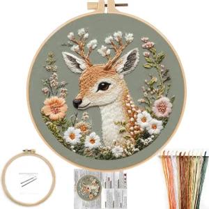 후프가 포함된 폰누이 프린트 사슴 및 꽃 자수 키트 초보자를 위한 크로스 스티치 수제 공예 따라가기 쉬운