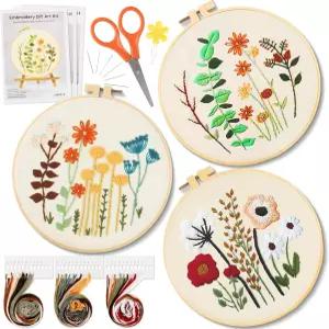 초보자를 위한 RAINFLOW 자수 키트 3세트 스탬프 크로스 스티치 니들 포인트 쉬운 꽃 식물 패턴 성인