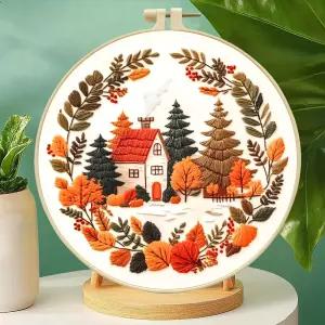 초보자를 위한 젠칭 가을 별장 다람쥐 자수 키트 - 후프 및 풀 툴이 포함된 29x29cm 인쇄 원단 (C0058)